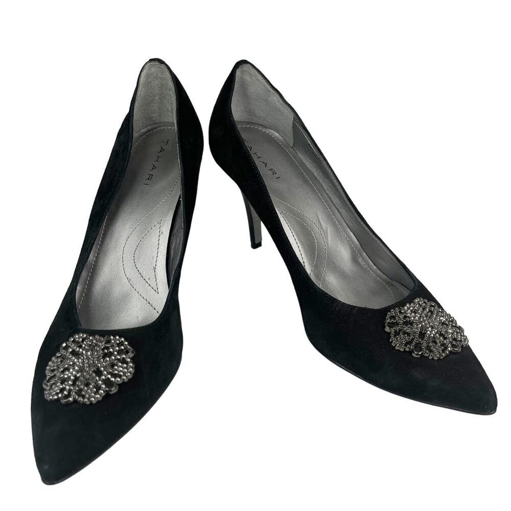 Tahari Accord Black Suede Heels Pumps 8M Jewel Accent 3.5"